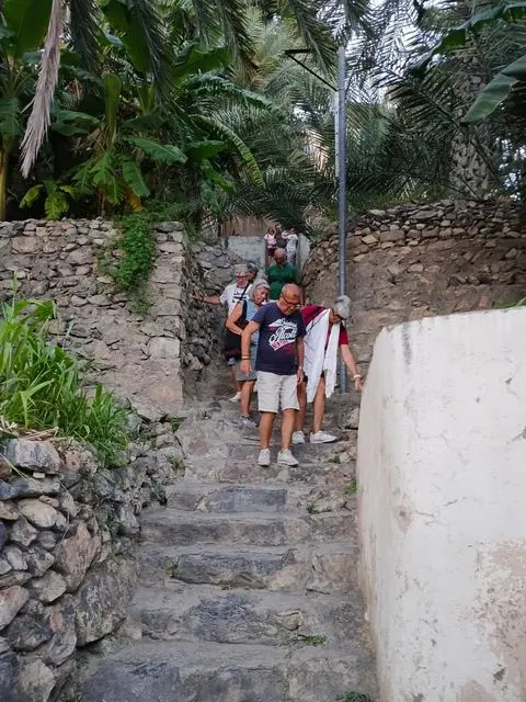 Palmiers et habitat traditionnel dans un paysage aride, avec des personnes visibles.