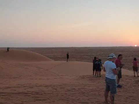 Relief de dunes dans un vaste paysage désertique, avec des personnes visibles.