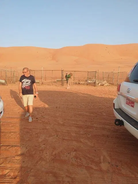 Relief de dunes dans un vaste paysage désertique, avec des personnes visibles.