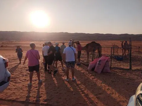 Relief de dunes dans un vaste paysage désertique, avec des personnes visibles.