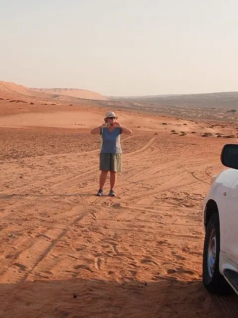 Relief de dunes dans un vaste paysage désertique, avec des personnes visibles.
