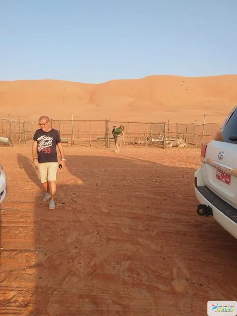 Relief de dunes dans un vaste paysage désertique, avec des personnes visibles.